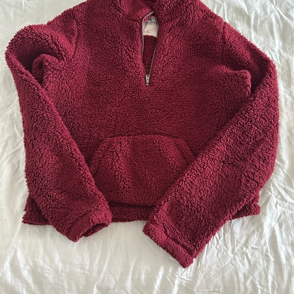 Hollister Cozy Cropped Sherpa Fleece Zip Jacket Burgundy Maroon Warm Womens